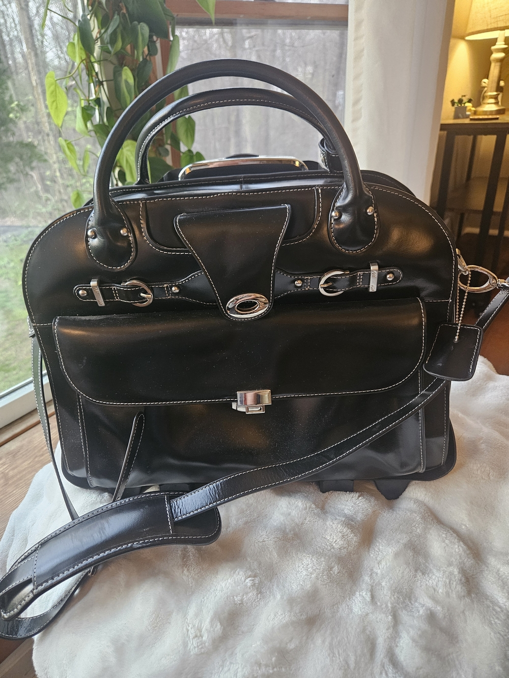 McKlein Black Leather Travel Satchel with Silver Hardware